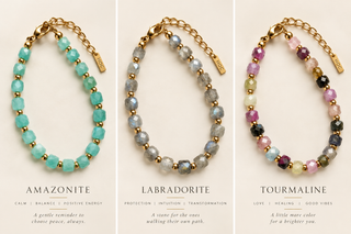 Three beaded bracelets displayed side by side on a light beige background, each with gold chain links and labeled with gemstone names: Amazonite, Labradorite, and Tourmaline. The bracelets feature faceted beads in aqua, gray, and multicolor pastel tones.
