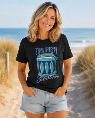 Tin Fish Summer Tee | Retro Coastal, Hand-Drawn Beach Graphic