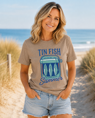 Tin Fish Summer Tee | Retro Coastal, Hand-Drawn Beach Graphic