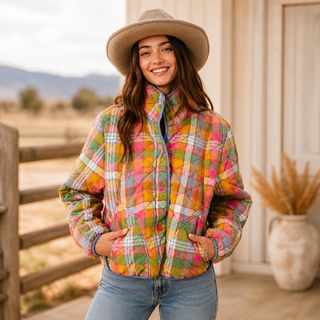 Vintage Plaid Quilted Jacket with Pockets