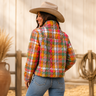 Vintage Plaid Quilted Jacket with Pockets