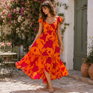 A woman wearing a vibrant orange and red floral print maxi dress with ruffled cap sleeves, walking outdoors in a sunlit courtyard with white walls, green plants, and terracotta pots.