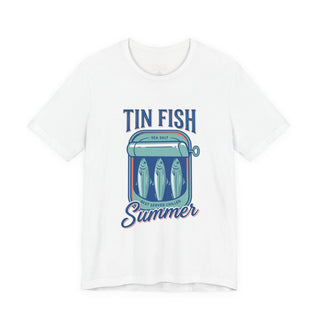 White t-shirt with 'Tin Fish Summer' graphic design on a white background