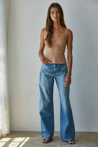 Ribbed Seamless Tank with Lace Trim