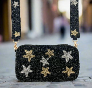 Black & Gold Star Beaded Camera Bag – Handcrafted Crossbody with Luxe Detail