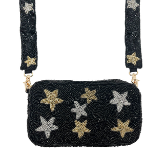 Black & Gold Star Beaded Camera Bag – Handcrafted Crossbody with Luxe Detail