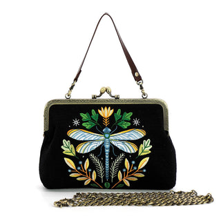 Dragonfly Kisslock Bag – Vintage-Inspired Embroidered Handbag with Detachable Strap