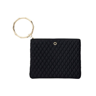 Front view of the black quilted Big O bracelet pouch with gold circular handle