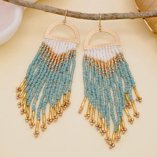 Gold Mint Beaded Fringe Half Circle Earrings, view 3 | Fitkitty Culture®