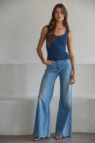 Ribbed Seamless Tank with Lace Trim