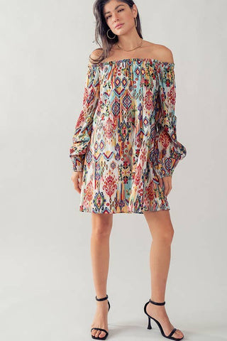 Boho Ikat Print Off Shoulder Balloon Sleeve Mini Dress - Fitkitty Culture Athleisure Wear, Yoga Wear &  Women's Clothing