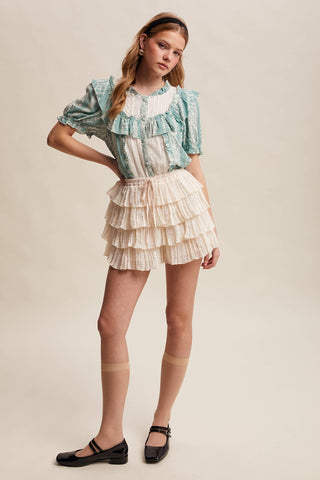 Mixed-Print Ruffle Yoke Blouse, view 22 | Fitkitty Culture®