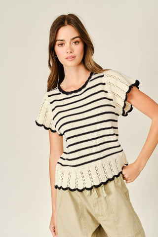 MAS3129 STRIPED CROCHET S/S SWEATER - Fitkitty Culture Athleisure Wear, Yoga Wear &  Women's Clothing