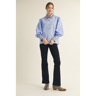 Embroidered Accent Puff Sleeve Button-Down Shirt