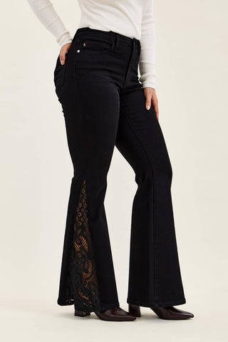 Jaqueline Lace Hem Ultra Flare Jeans - Shadow Black, view 5 | Fitkitty Culture®