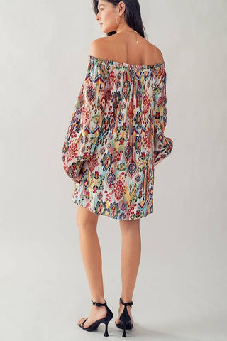 Boho Ikat Print Off Shoulder Balloon Sleeve Mini Dress - Fitkitty Culture Athleisure Wear, Yoga Wear &  Women's Clothing