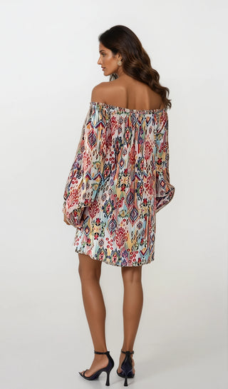 Boho Ikat Print Off Shoulder Balloon Sleeve Mini Dress - Fitkitty Culture Athleisure Wear, Yoga Wear &  Women's Clothing