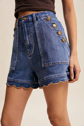 Scallop Button-Side Stretch Denim Shorts LP0277 - Fitkitty Culture Athleisure Wear, Yoga Wear &  Women's Clothing