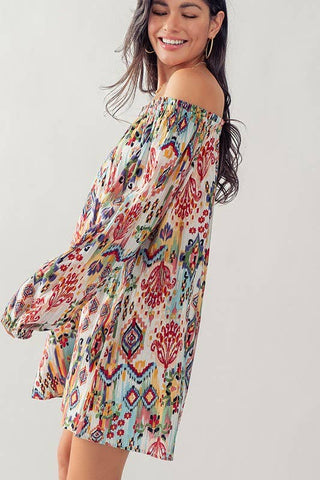 Boho Ikat Print Off Shoulder Balloon Sleeve Mini Dress - Fitkitty Culture Athleisure Wear, Yoga Wear &  Women's Clothing
