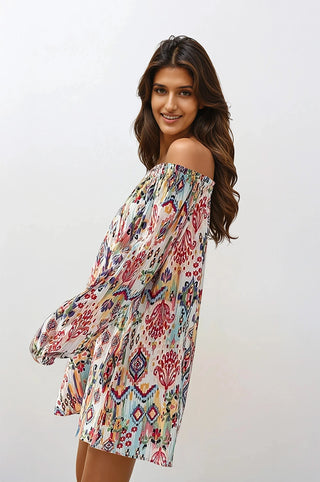 Boho Ikat Print Off Shoulder Balloon Sleeve Mini Dress - Fitkitty Culture Athleisure Wear, Yoga Wear &  Women's Clothing