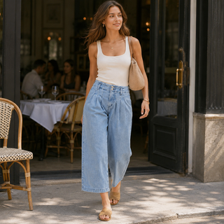 RISEN Slouchy Crop Barrel Pleated Jeans