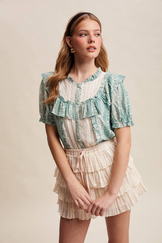 Mixed-Print Ruffle Yoke Blouse, view 14 | Fitkitty Culture®