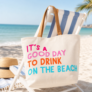 Cream “Drink On The Beach” Tote | Embroidered Coastal Carryall - Fitkitty Culture Athleisure Wear, Yoga Wear &  Women's Clothing