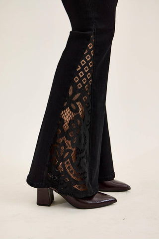 Jaqueline Lace Hem Ultra Flare Jeans - Shadow Black, view 4 | Fitkitty Culture®