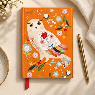 Folk Owl Foiled Journal — Bee Brown — styled product photograph