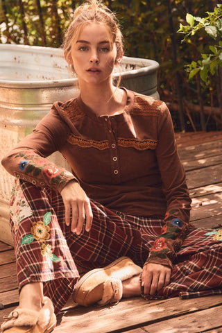 Acid-Washed Crochet-Trim Henley Top