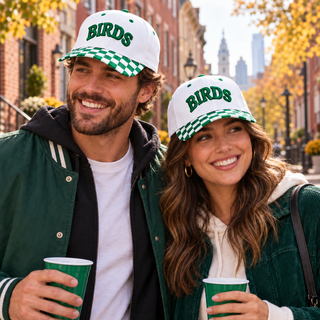 Man and woman wearing white BIRDS hats with green checkered brims on a Philadelphia street