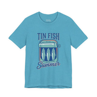 blue tee  with tin fish summer