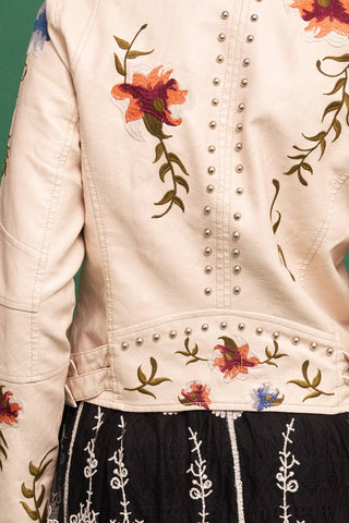 Floral Embroidered Studded Faux Leather Moto Jacket, view 11 | Fitkitty Culture®