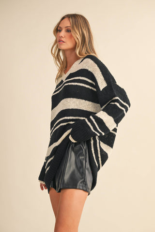 V NECK OVERSIZED STRIPED SWEATER MINI DRESS