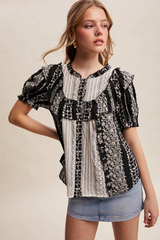 Mixed-Print Ruffle Yoke Blouse, view 4 | Fitkitty Culture®