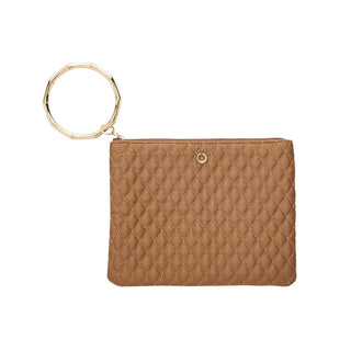 Front view of the caramel quilted Big O bracelet pouch with gold circular handle