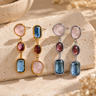 House of Caelo Celestial Stone Geometric Drop Earrings in gold and silver tone