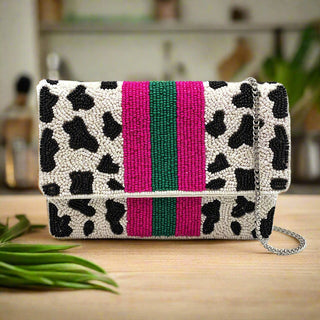 Cow Print Beaded Mini Clutch – Handcrafted Statement Bag with Fuchsia & Green Stripes