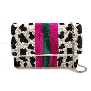 Cow Print Beaded Mini Clutch – Handcrafted Statement Bag with Fuchsia & Green Stripes