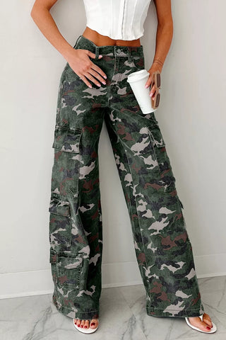 Green camo print high waist cargo pants