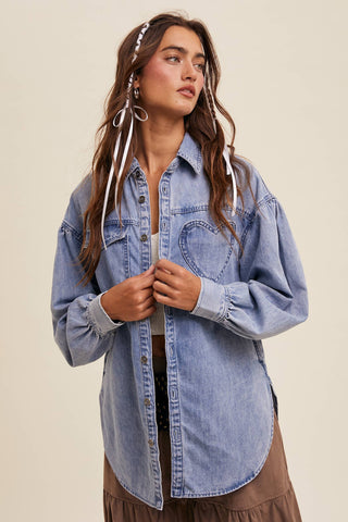 Heart Detail Oversized Denim Shirt