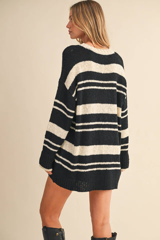 V NECK OVERSIZED STRIPED SWEATER MINI DRESS