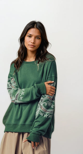 Romantic Lace Embroidered Sleeve Sweatshirt - Fitkitty Culture Athleisure Wear, Yoga Wear &  Women's Clothing