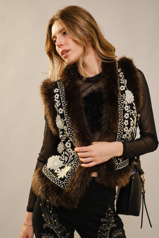 Embroidered Faux Suede Vest with Fur Trim