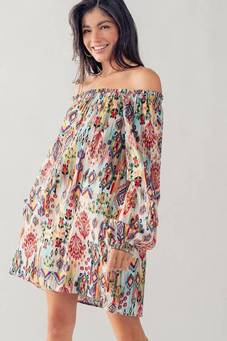Boho Ikat Print Off Shoulder Balloon Sleeve Mini Dress - Fitkitty Culture Athleisure Wear, Yoga Wear &  Women's Clothing