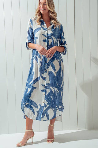 Tropical Palm Leaf Button-Down Midi Dress - Resort and Spring Collection