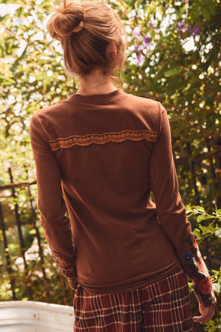 Acid-Washed Crochet-Trim Henley Top