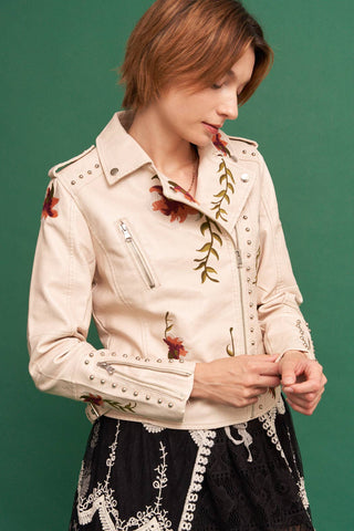 Floral Embroidered Studded Faux Leather Moto Jacket, view 4 | Fitkitty Culture®