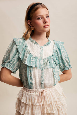 Mixed-Print Ruffle Yoke Blouse, view 13 | Fitkitty Culture®