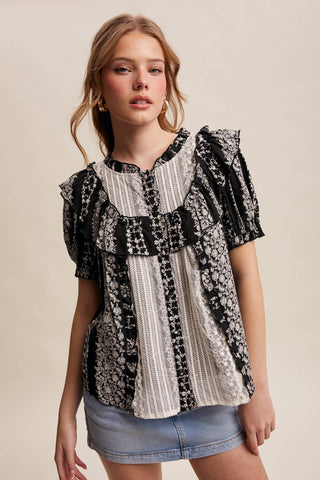 Mixed-Print Ruffle Yoke Blouse | Fitkitty Culture®
